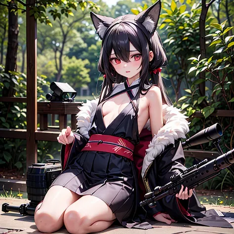 (Fox Girl, Fox Ears, Black colored hair, Fox Makeup, One Girl, Long Hair:1.6), (kimono, Kimono with open chest, A beautiful kimono with red and black patterns, I can see her cleavage, Open chest, Skin is visible:1.8), (Body measurements are 75-60-75!, Youn...