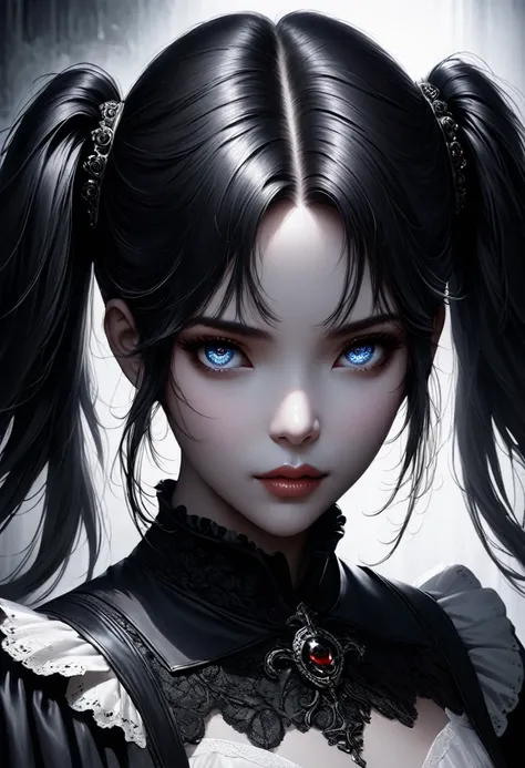 a beautiful girl with long twin tails,gothic style,minimalist black and white,highly detailed facial features,detailed eyes and lips,elegant pose,dramatic lighting,cinematic composition,moody atmosphere,sharp focus,photographic quality,realistic rendering