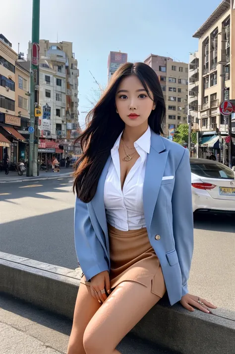 a 17 year old girl, she is the most beautiful actress in the world, the perfect body proportions of this girl, the formal way she wears, her upper body with its large breasts are covered 100% by the shirt under buttoned up blazer, her crotch between her ba...