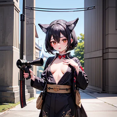 (Fox Girl, Fox Ears, Black colored hair, Fox Makeup, One Girl, Long Hair:1.6), (kimono, Kimono with open chest, A beautiful kimono with red and black patterns, I can see her cleavage, Open chest, Skin is visible:1.8), (Body measurements are 75-60-75!, Youn...