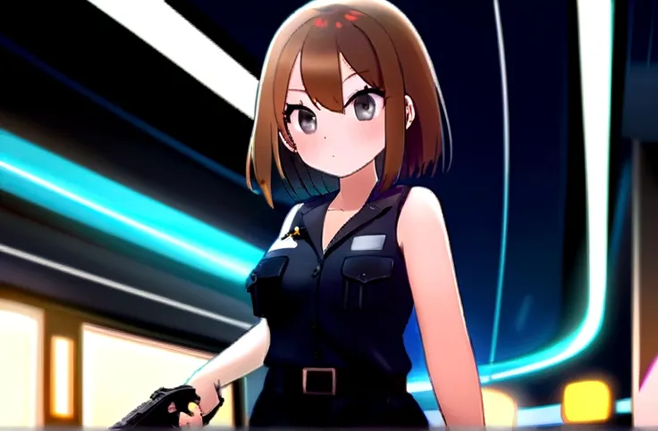 girl,human,25age, police officer,left hand holding Guns m9,m9,public,1m77,J breasts,brown hair, black eyes, 4k wallpaper, wide thighs