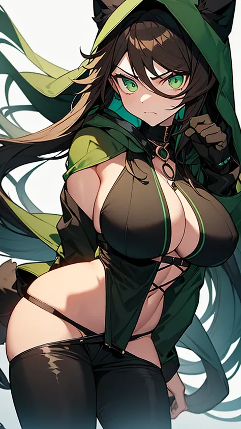 1woman, scars on the body, long wavy brown hair, green hood, perfect eyes, green eyes, angry face, black necklace, green top, black fur trim jacket, black fingerless gloves, blue jeans, black boots, knife on the hand, big breasts, big ass, street backgroun...