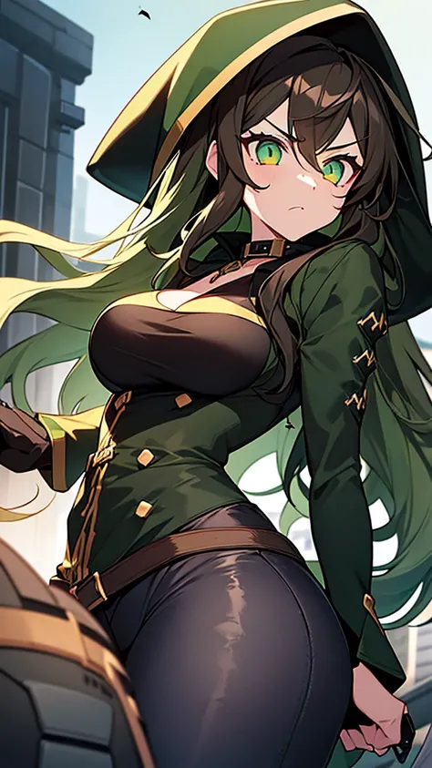 1woman, scars on the body, long wavy brown hair, green hood, perfect eyes, green eyes, angry face, black necklace, green top, black fur trim jacket, black fingerless gloves, blue jeans, black boots, knife on the hand, big breasts, big ass, street backgroun...