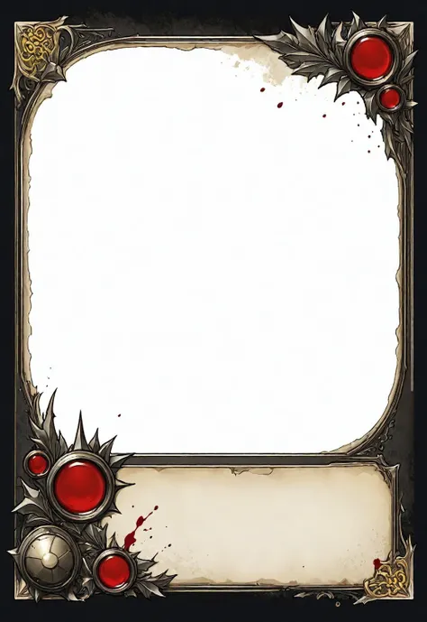 A card border UI，Medieval European fantasy style，Suspense style，Profile Style。Leave a square blank space in the middle，Parchment backing，There are blood stains on it。Black and White、yellowish、Dark red main color。