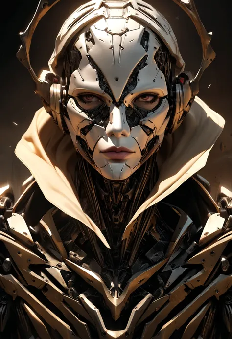 sharpened man in white and gold hooded armor, detailed portrait of a cyborg, close-up portrait of cyborg, portrait of a futuristic robot, male cyborg military commander, attractive science fiction face, portrait of cyborg, portrait of a cyborg, cyborg port...