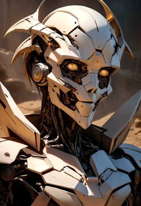 sharpened man in white and gold hooded armor, detailed portrait of a cyborg, close-up portrait of cyborg, portrait of a futuristic robot, male cyborg military commander, attractive science fiction face, portrait of cyborg, portrait of a cyborg, cyborg port...