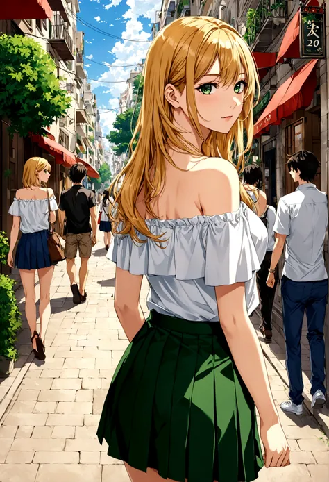 (best quality: 0.8), (best quality: 0.8), perfect anime illustrations,Walking through the city streets, with his back turned, look over his shoulder, /(Perfect and detailed hands, Highly detailed and perfect fingers., A perfect and detailed triangular face...