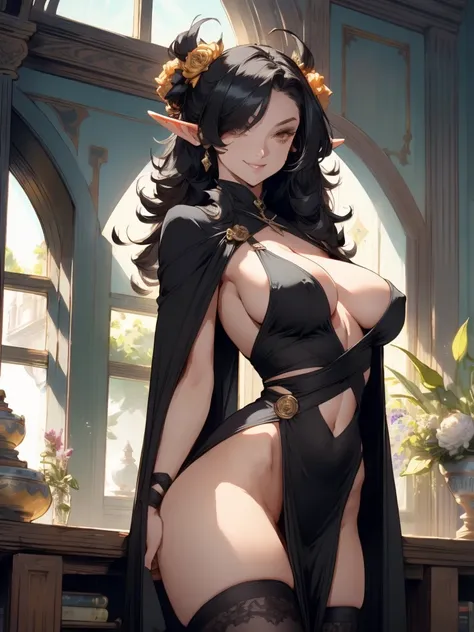 pointy ears, 1girl, breasts, hair over one eye, large breasts, yellow eyes, dress, cape, solo, cleavage, smile, elf, looking at viewer, hair ornament, pelvic curtain, covered navel, black hair, long hair, black dress, window, cloak, thighhighs, indoors, fl...