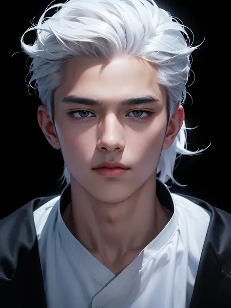 ((best quality, 8K, masterpiece: 1.3)), (sharp focus: 1.2), Korean Men, matchless, white hair, Temptation, Calm head, black shirt, black background, White skin, natural expression, Cute face, Composition looking up, Asian face