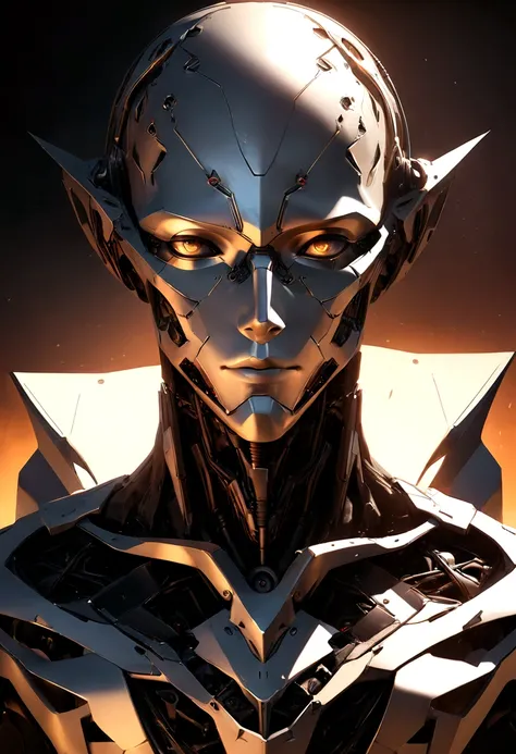 sharpened man in white and gold hooded armor, detailed portrait of a cyborg, close-up portrait of cyborg, portrait of a futuristic robot, male cyborg military commander, attractive science fiction face, portrait of cyborg, portrait of a cyborg, cyborg port...