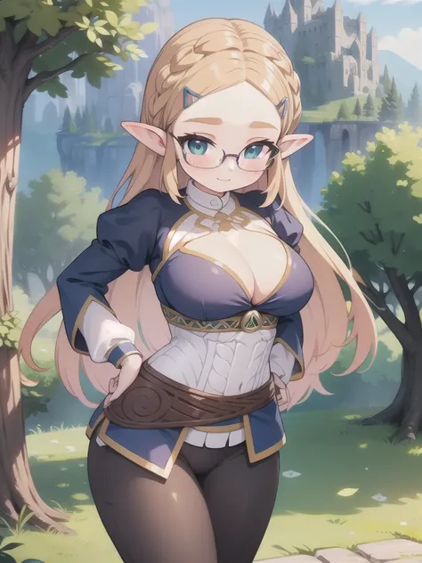 master-piece, bestquality, 1girls,16 years old, View viewers from front, HD, slight smile, big tits, cleavage, tights cloth, , tiny body, leaning forward, outdoor, mountain, wear glasses, under tits cleavage, look down, stand up, aazelda, crown braid, hair...