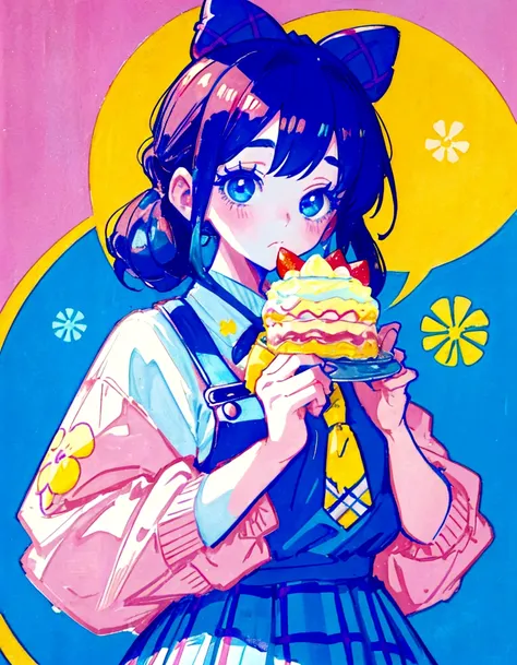 a beautiful girl，anime art style，Head close-up，Big eyes with long eyelashes，hair stuck behind，white tiara，She eats a fruit pie in a vintage dessert shop with a retro neon sign，Surrounded by a colorful poster of desserts。She has blue eyes and fair skin.。She...