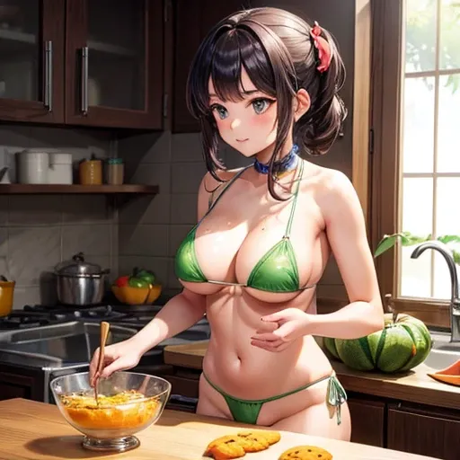 A girl making bitter melon curry in a micro bikini