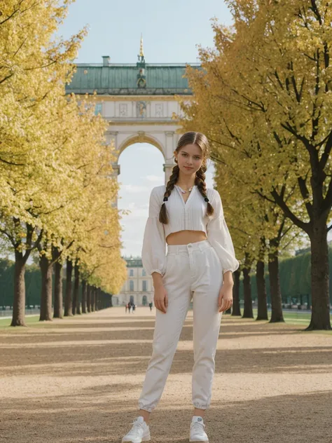 her name is Amelie, high quality, 1girl, ((20-year-old fit Caucasian woman)), ((20 years old)), ((fit)), ((Halo Braid)), pose: standing, wearing unique Generation-Z modern wear bright colored, BACKGROUND: In Schönbrunn Palace Gardens, with the grand palace...