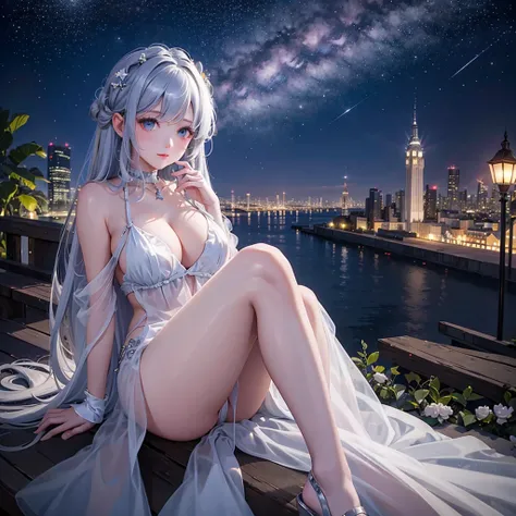 A detailed portrait of a girl sitting outdoors at night, looking at the starry sky with the milky way, surrounded by a night cityscape with buildings silhouetted against the night sky, long white hair. wearing a slightly revealing dress, sexy legs, precise...