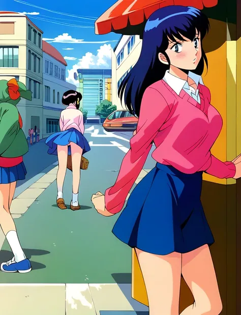 Kyoko,score_9,score_8_superior,score_7_superior,sauce_anime,One girl,alone,View your viewers,city,Streetscape of the 1980s,asphalt paved,paved,lamp post,force_line、typhoon、Strong winds、捲れたskirt、Panties,Pink Sweater,White collared shirt,length_skirt,blue sk...