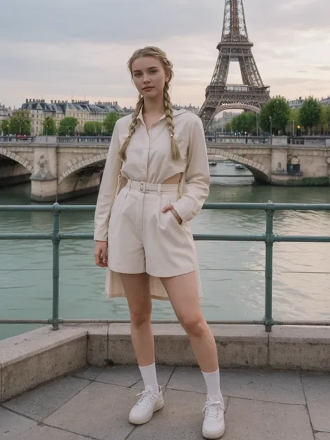 her name is Amelie, high quality, 1girl, ((20-year-old fit Caucasian woman)), ((20 years old)), ((fit)), ((Halo Braid)), pose: standing, wearing unique Generation-Z modern wear pastel colored, BACKGROUND:Standing on a bridge over the Seine River, with the ...