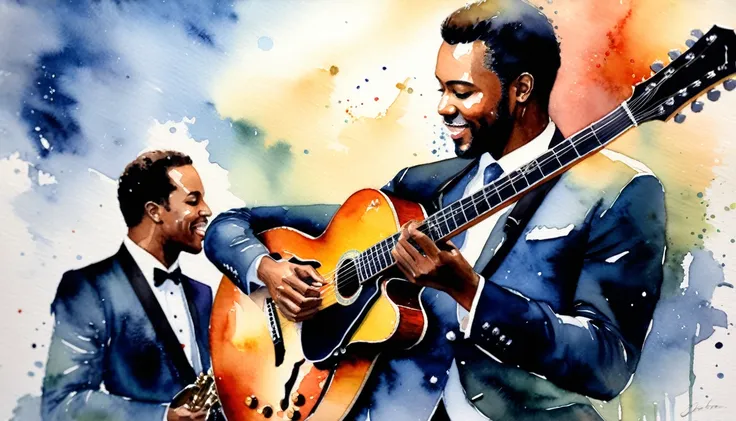 masterpiece, Highest quality, watercolor, jazz, guitar,