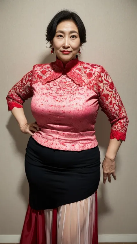 on the street，Fat woman，Very fat，Very fat，Light red clothes (No cleavage),thigh, cosmetic, Outdoor sports, earrings, necklace, High-necked cheongsam, Wrinkles at the corners of the eyes, Oral wrinkles,High target Neck Knit Bodycon Skirt，full-body shot，An A...