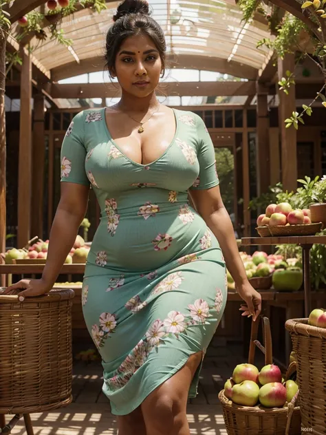 Sri lankan aunty 45 years old curvy body sexy figure fat hairbun wearing flower pattern tight long dress at apple gardern plucking apples