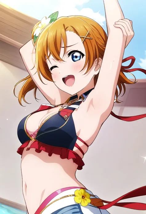 (masterpiece, best quality, highres), 1girl, medium hair, medium breasts, bikini, swimsuit, arms up, hands up, armpits, white background, id_honoka_kosaka, front view