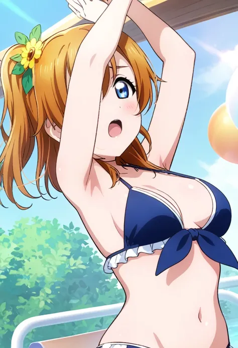 (masterpiece, best quality, highres), 1girl, medium hair, medium breasts, bikini, swimsuit, arms up, hands up, armpits, white background, id_honoka_kosaka, front view