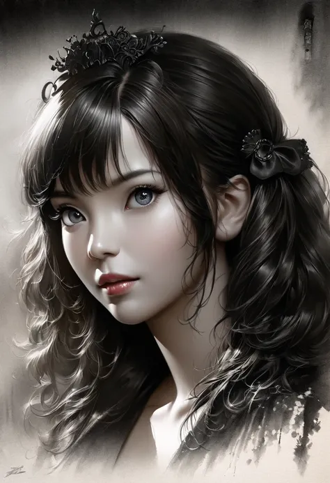 a girl with twin pigtails,gothic,minimalist,black and white,lineart,negative space,ink wash painting,(best quality,4k,8k,highres,masterpiece:1.2),ultra-detailed,(realistic,photorealistic,photo-realistic:1.37),1girl,beautiful detailed eyes,beautiful detaile...