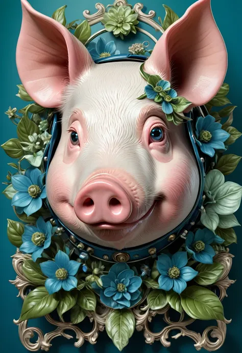 Mechanical pig head，lifelike，Anthropomorphic pigs，Character setting，Ultra-detailed graphics，Delicate face，8K，magazine cover，Floral background decoration，Strong color contrast，Darker color，Blue, green and white