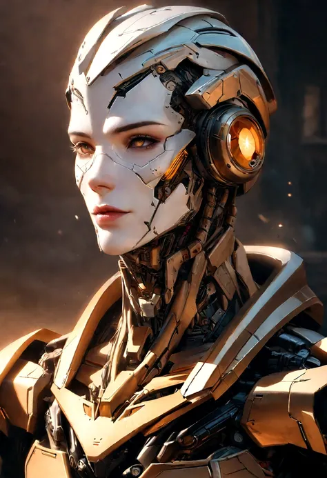 sharpened man in white and gold hooded armor, detailed portrait of a cyborg, close-up portrait of cyborg, portrait of a futuristic robot, male cyborg military commander, attractive science fiction face, Artificial intelligence, portrait of cyborg, portrait...