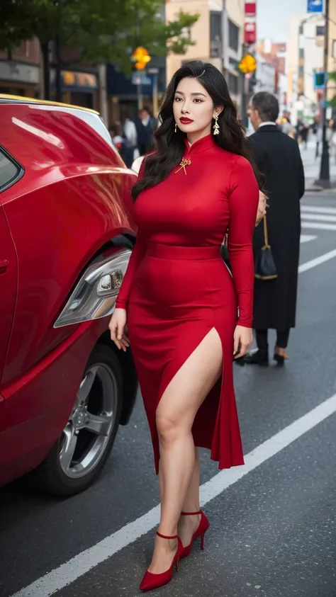 on the street，Fat woman，Very fat，Very fat，Light red clothes (No cleavage),thigh, cosmetic, Outdoor sports, earrings, necklace, High-necked cheongsam, High target Neck Knit Bodycon Skirt，full-body shot，An Asian Japanese woman，18 years old，big eyes，elegant t...