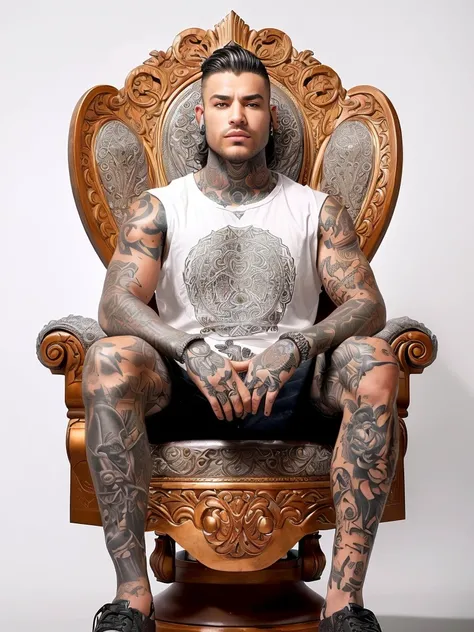 arafed man with tattoos sitting in a chair with a tattoo on his arm, tattooed man, sitting on the porcelain throne, sitting in his chair. intricate, sitting on intricate throne, sitting on throne, sitting on the throne, sitting on a throne, full body greg ...