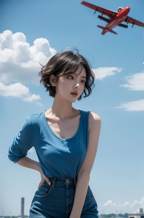 Second dimension style，Girl，Slightly curly short hair，Red eyes，Background is blue sky，A plane flew by，Figure standing in the shadow，chuckle