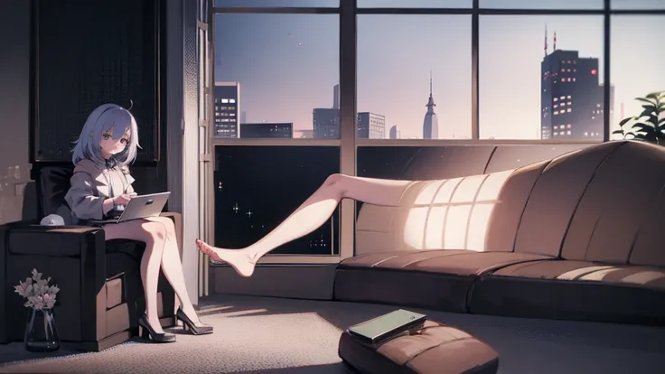 She is looking at her laptop in a sexy outfit sitting by the window, with the night city outside.