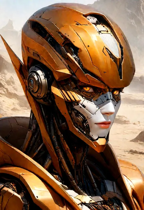 sharpened man in white and gold hooded armor, detailed portrait of a cyborg, close-up portrait of cyborg, portrait of a futuristic robot, male cyborg military commander, attractive science fiction face, Artificial intelligence, portrait of cyborg, portrait...