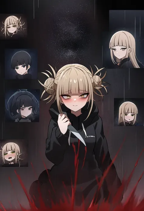 himiko toga、holding a knife、embarrassed、rain of blood、dark room、pitch black night、night sky