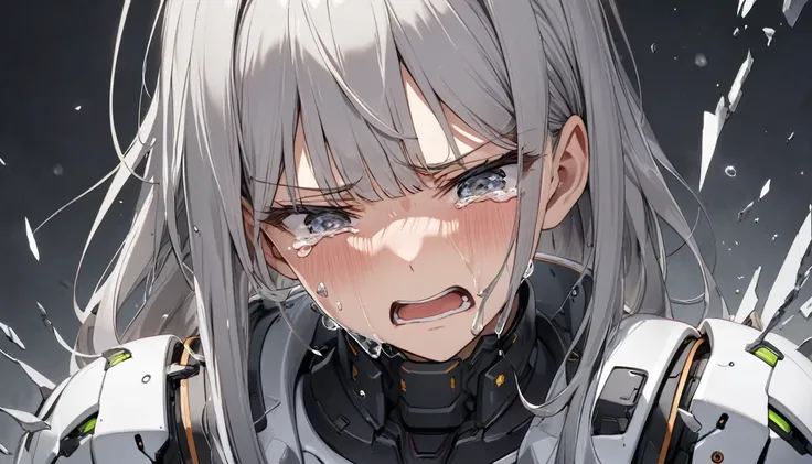 (Highest quality), Android,Girl,Grey Hair,Breaking,Crying face