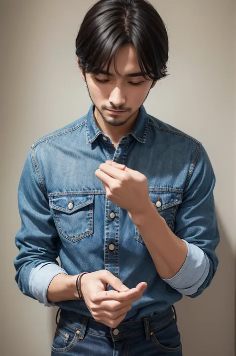 Man with tidy hands asking for blessing with denim-colored shirt 