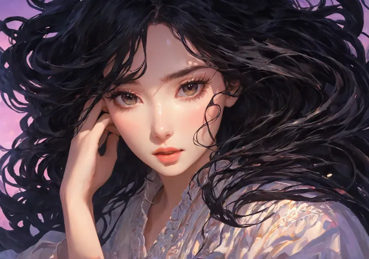 The heroine is tangled in her own black hair，hair spread all over the canvas，Symbolizing the difficulties and pressure she is currently facing，But she stretched out her hands，trying to break free，Hair can be styled into very thick and tangled shapes，Some p...