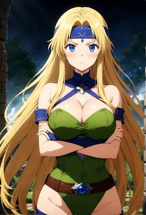 score_9, score_8_up, score_7_up,,BREAK source_anime, from front ,standing,straight-on,(medium shot),looking_at_viewer,1girl, celes chere, final fantasy.blonde hair, blue eyes, green leotard, headband,  large breasts,cleavage, pauldrons, circlet, bridal gau...