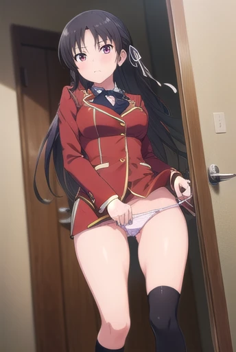 nsfw,Viewer Caution,suzune horikita,Private room,Show the whole body,front,from the front,uniform,Red blazer,Hair ribbon, black knee-high socks,pull down pantie,Take off your panties