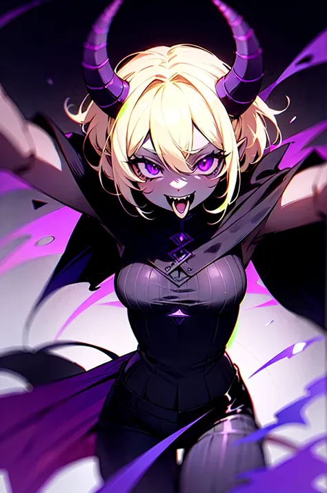 black demon woman with black skin, purple stripes, purple eyes, short black horns, terrifying mouth, purple energy, purple rippe...