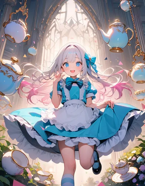 (8K, best quality, master piece: 1.2),triangular composition,1 cute Alice,独奏,super high resolution, ultra-detailed face, detailed eyes,lash extension,perfect hands,black facinator ribbon decoration:1.2,perfect fingers,blue eyes,gradient hair(white hair, li...