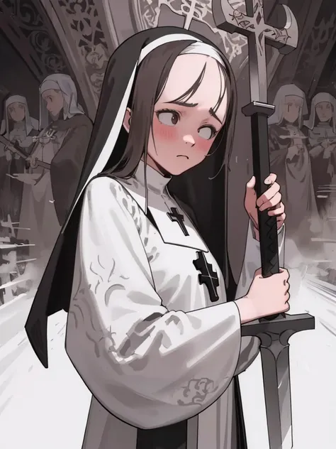 Create a highly detailed illustration of a young female character dressed in a traditional nuns habit in black and white. She has long dark hair and is holding a large, intricately designed cross. The character also wields a large, ornate sword. Her expres...