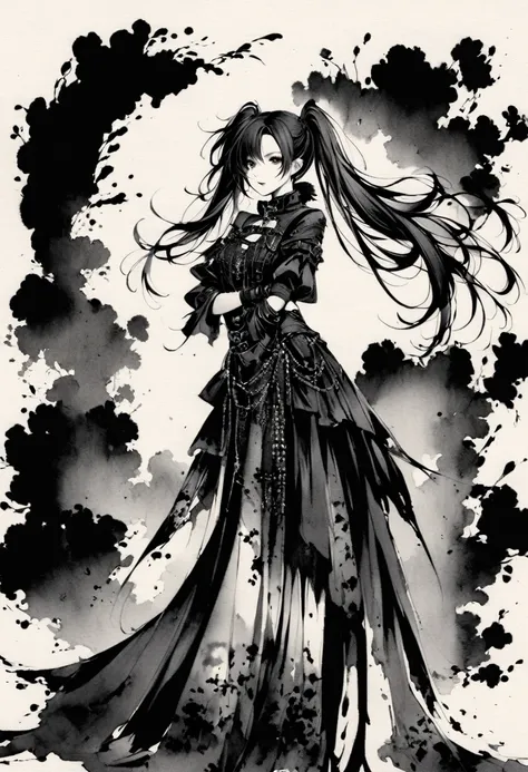 a girl with long twin pigtails, gothic fashion, minimalist, black and white, line art, lots of negative space, ink wash painting