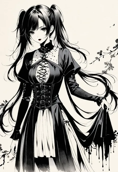 a girl with long twin pigtails, gothic fashion, minimalist, black and white, line art, lots of negative space, ink wash painting