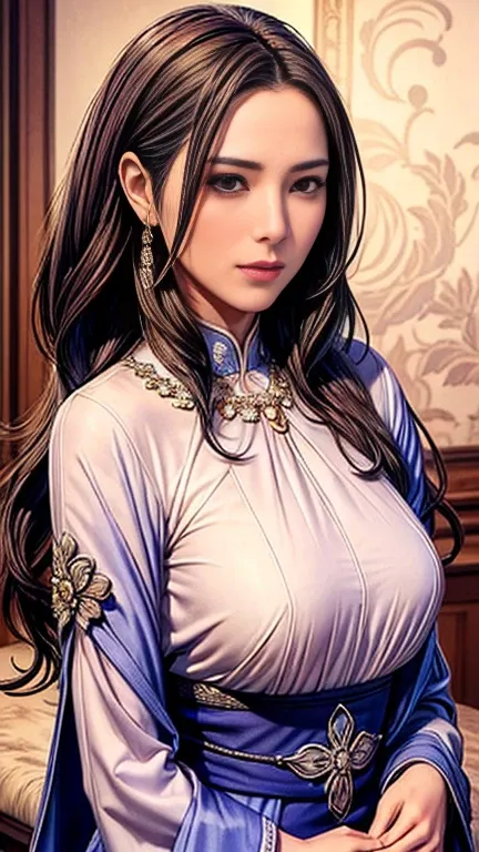 (Best quality,A high resolution,Masterpiece:1.2),Ultra-detailed,Realistic:1.37,Traditional portrait style,Detailed face and eyes,Beautiful lips,fine brushwork,soft, Flowing hair,Delicate flowers in the background,Subtle color palette,Soft lighting,A seamle...