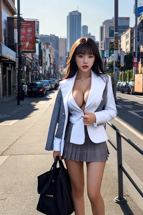 a 17 year old girl, she is the most beautiful actress in the world, the perfect body proportions of this girl, the things she wears are formal, her upper body with its large breasts are covered 100% by the shirt under the blazer, her crotch between her bar...