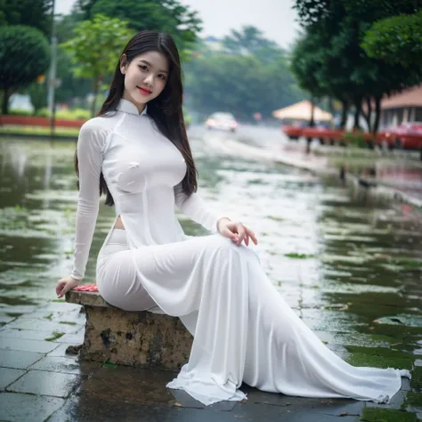 ((Ao Dai without pants, black panties, big breasts, beautiful breasts, beautiful small nipples, sitting in the rain, 8k quality photo with good details))