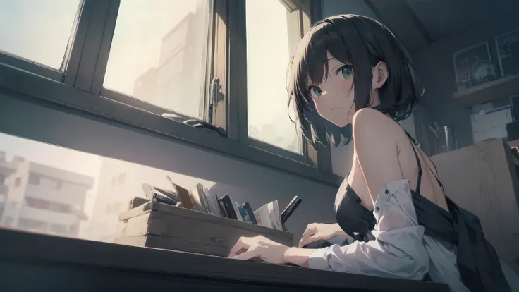 Highest quality, Anime Moe Art Style,Best Anime 8K Konachan Wallpaper,pixiv contest winners,(masterpiece:1.2), (Highest quality:1.2), (1 female), (Hair Tube), (Black Hair), (Bandeau), (Green Eyes), (looking out window), (Sunburn), (short hair) 
break
(Cozy...