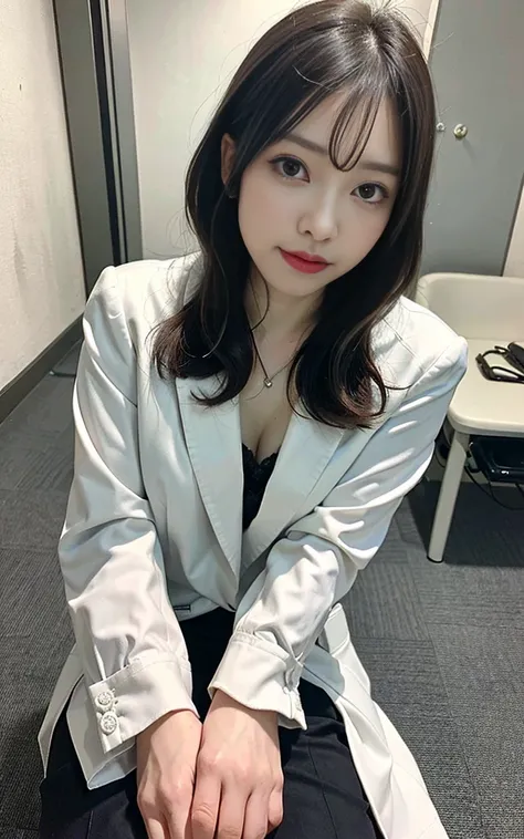 ((best quality, 8K, masterpiece, portrait: 1.3)), (looking at viewer),realistic, sharp focus, glare, Beautiful Japanese Office Lady, Grey Blazer, white shirt, clothes with large cleavage, 35 years old, wavy hair, ((double eyelid, Eyelashes, lip gloss)), (W...